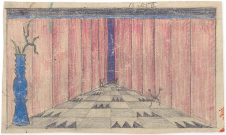 König Hirsch: Entwurf für ein Bühnenbild (1458) | Sophie Taeuber-Arp | 1918 | Farbstift und Bleistift auf Papier, auf Karton